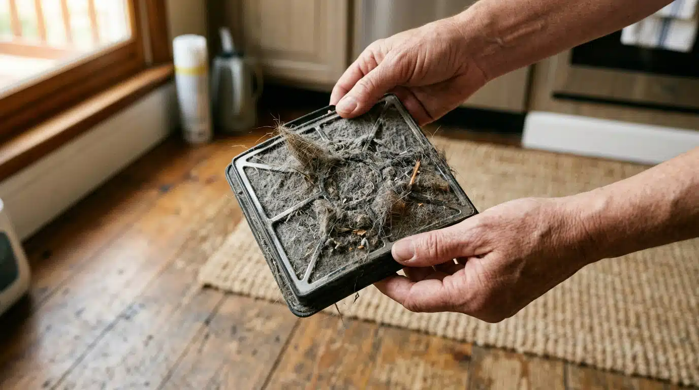 Filtre d'aspirateur encrassé tenu à la main