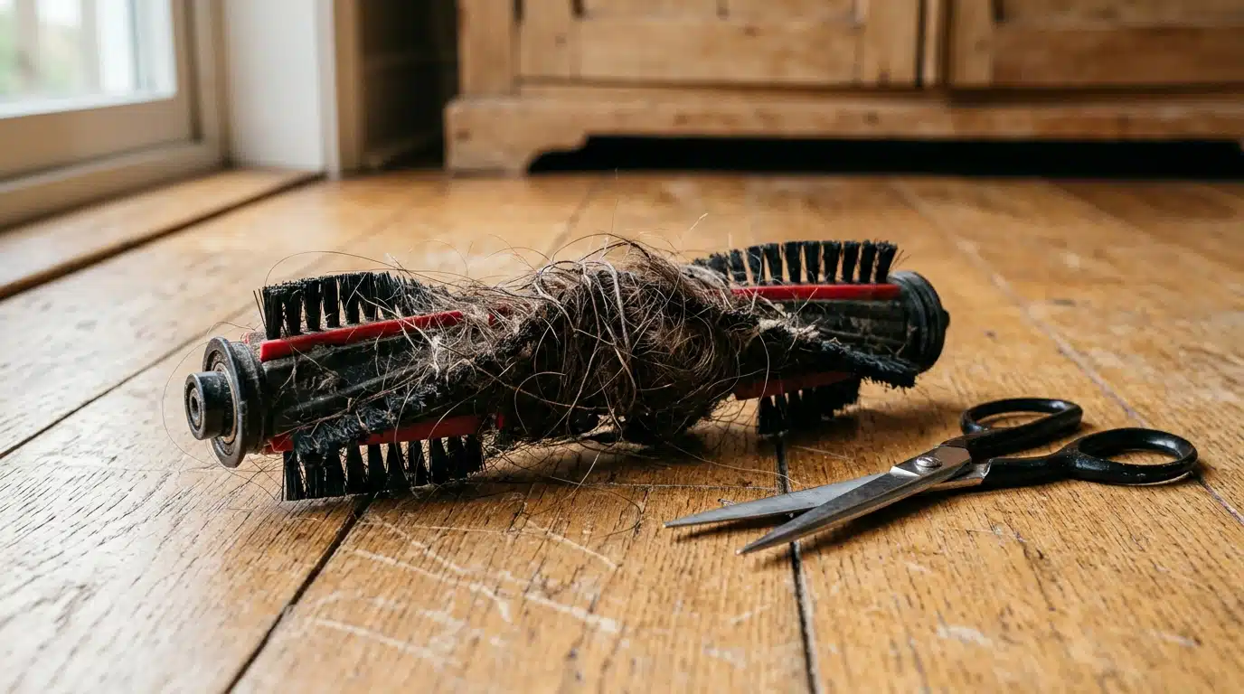 Brosse rotative d'aspirateur emmêlée de cheveux