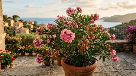 Laurier-rose fleuri en pot sur une terrasse d'automne