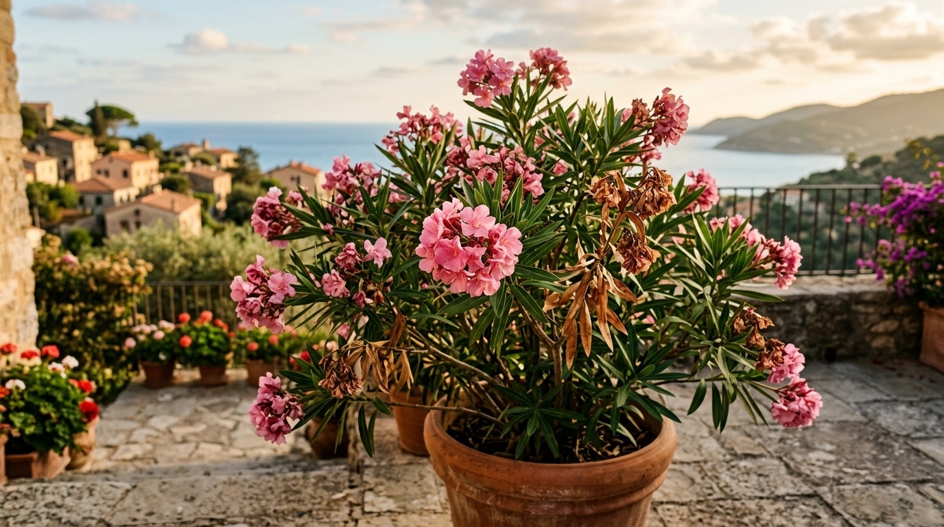 Laurier-rose fleuri en pot sur une terrasse d'automne