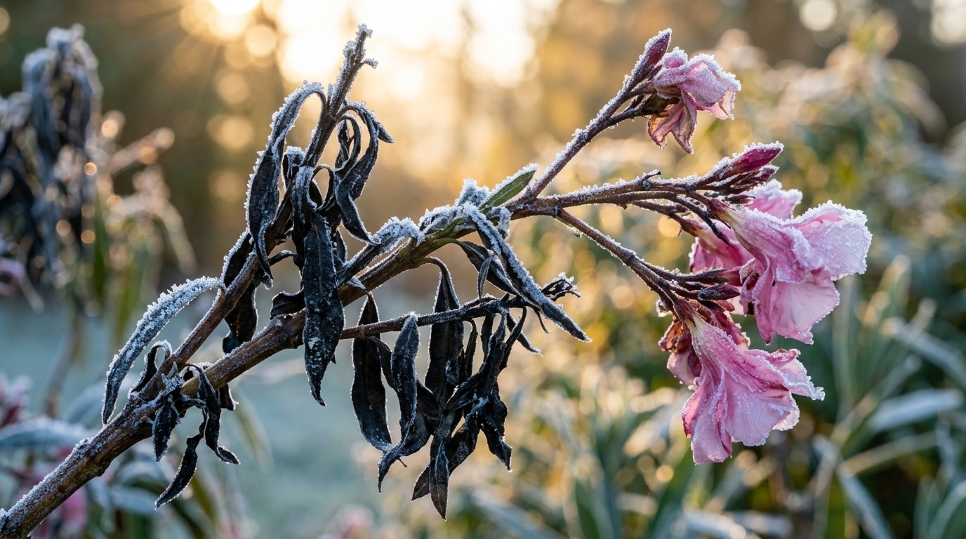 Branches de laurier-rose noircies par le gel matinal