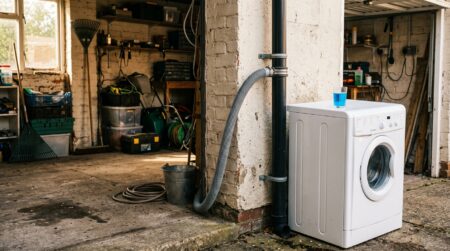 Tuyau de lave-linge relié à une gouttière dans un garage