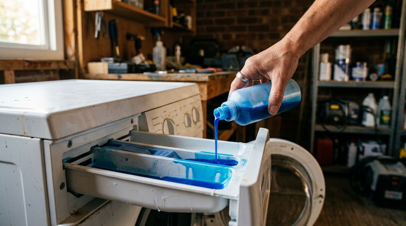 Main versant du colorant bleu dans le bac d'un lave-linge