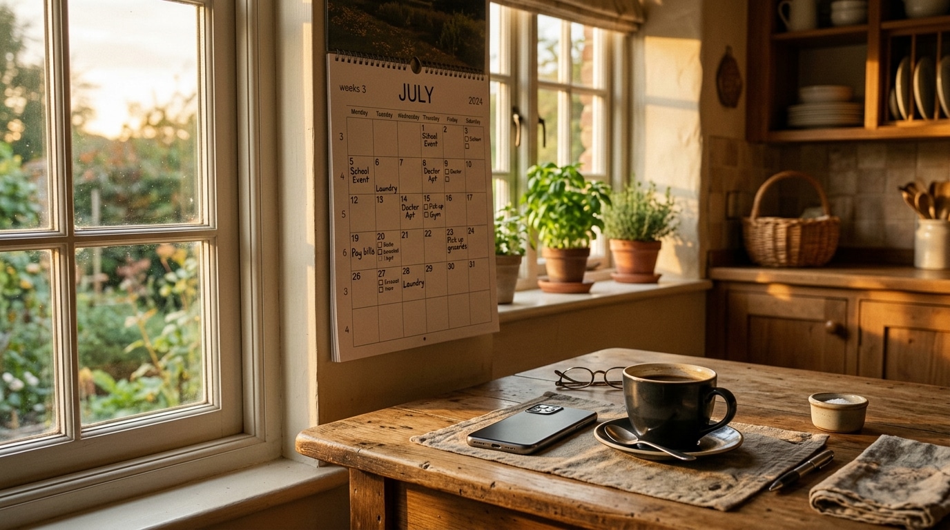 Calendrier familial et téléphone sur table cuisine