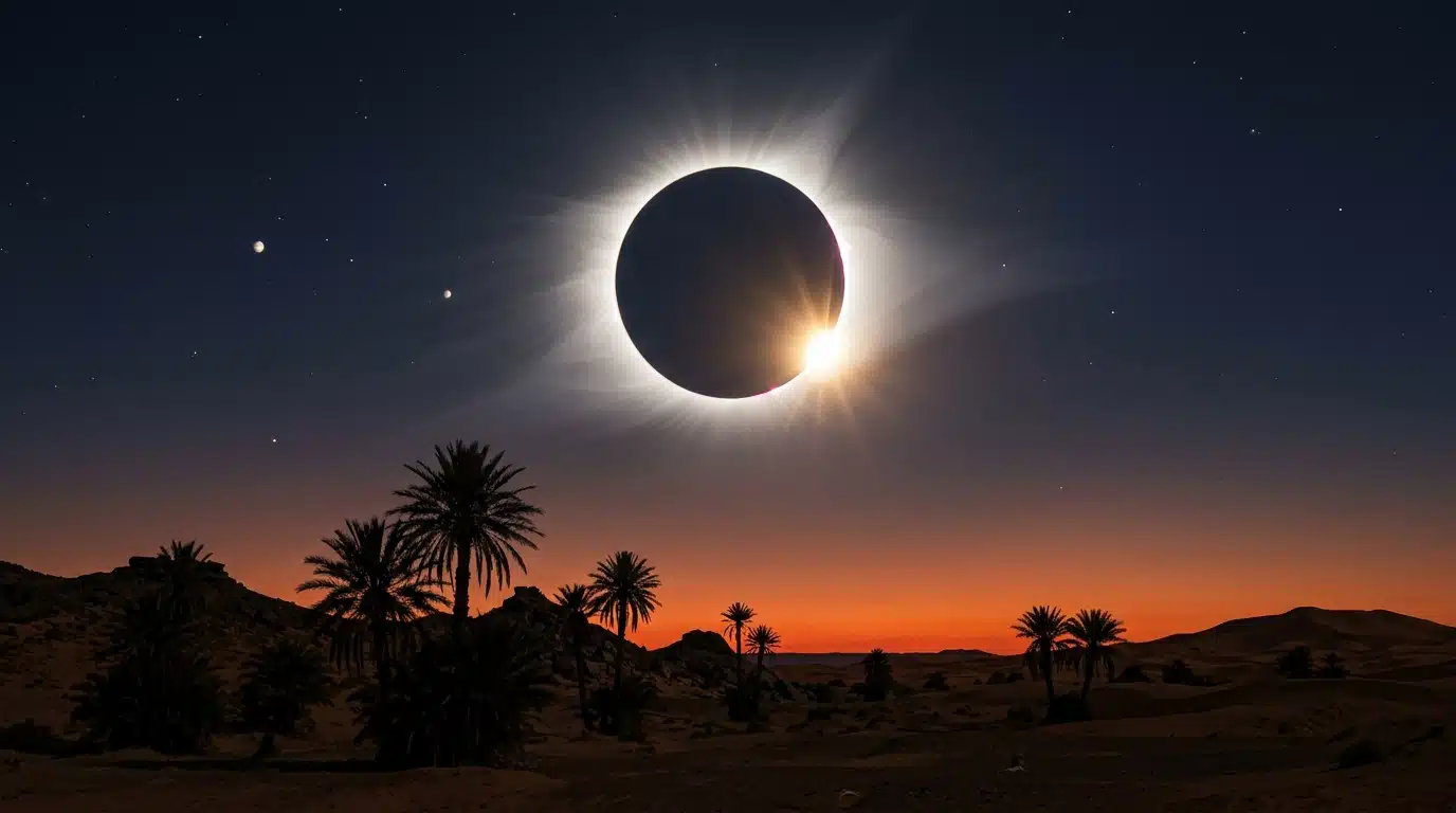 Éclipse solaire totale avec couronne visible dans le ciel