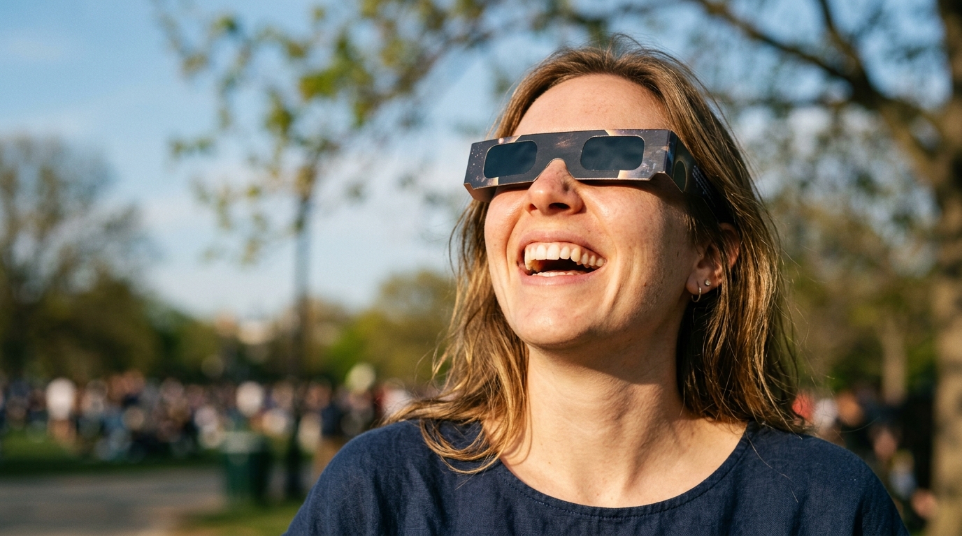 Personne portant des lunettes certifiées pour observer une éclipse