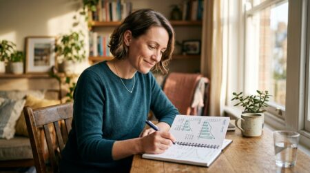 Femme souriante notant des objectifs financiers au bureau