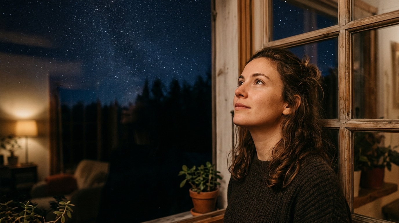 Femme regardant le ciel étoilé avec espoir