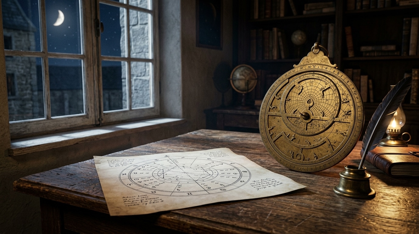 Astrolabe ancien et carte astrologique éclairés