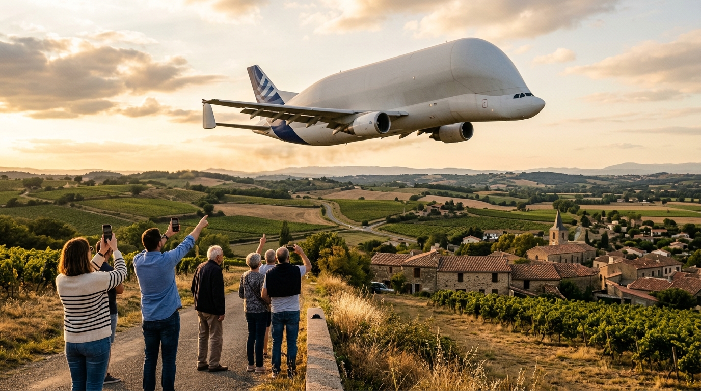 Beluga XL survolant les paysages de l'Aude au coucher du soleil