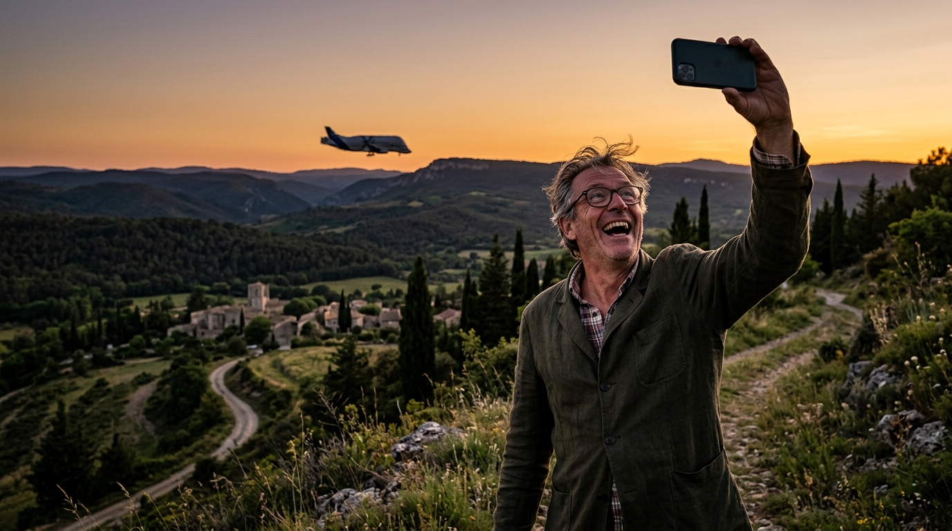 Un homme photographie l'avion Beluga XL depuis une colline