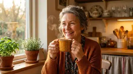 Femme souriante buvant son café le matin