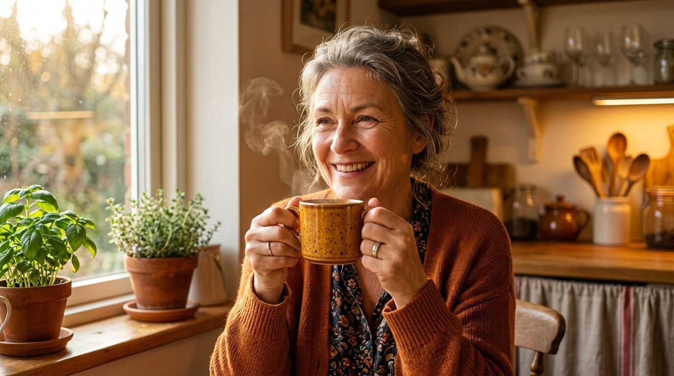 Femme souriante buvant son café le matin