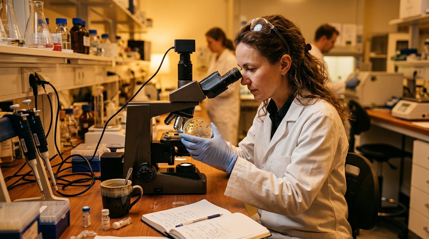 Chercheur en laboratoire étudiant des cellules avec du café