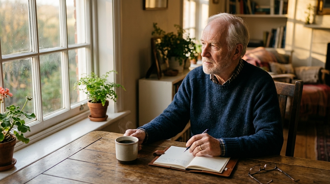 Homme âgé savourant un café noir à table