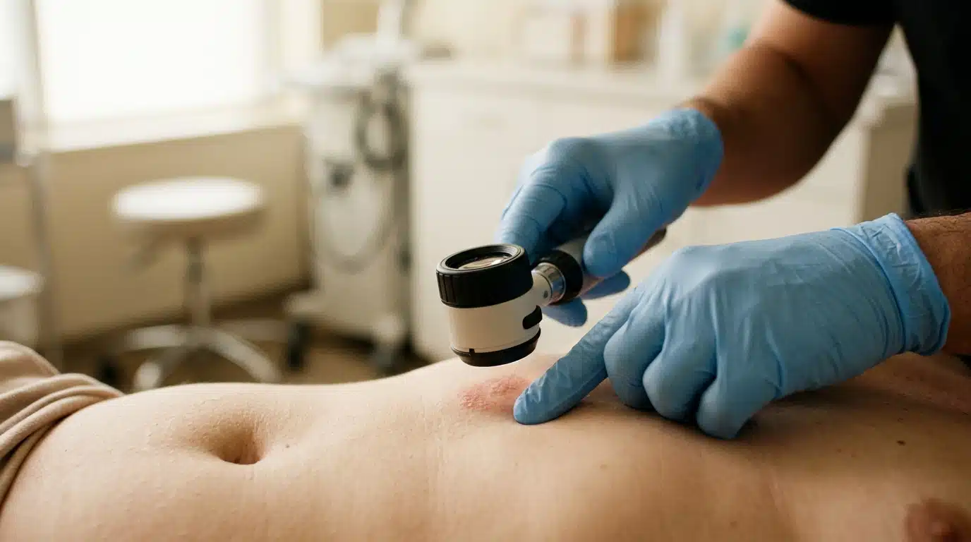 Main de médecin examinant la peau à la loupe