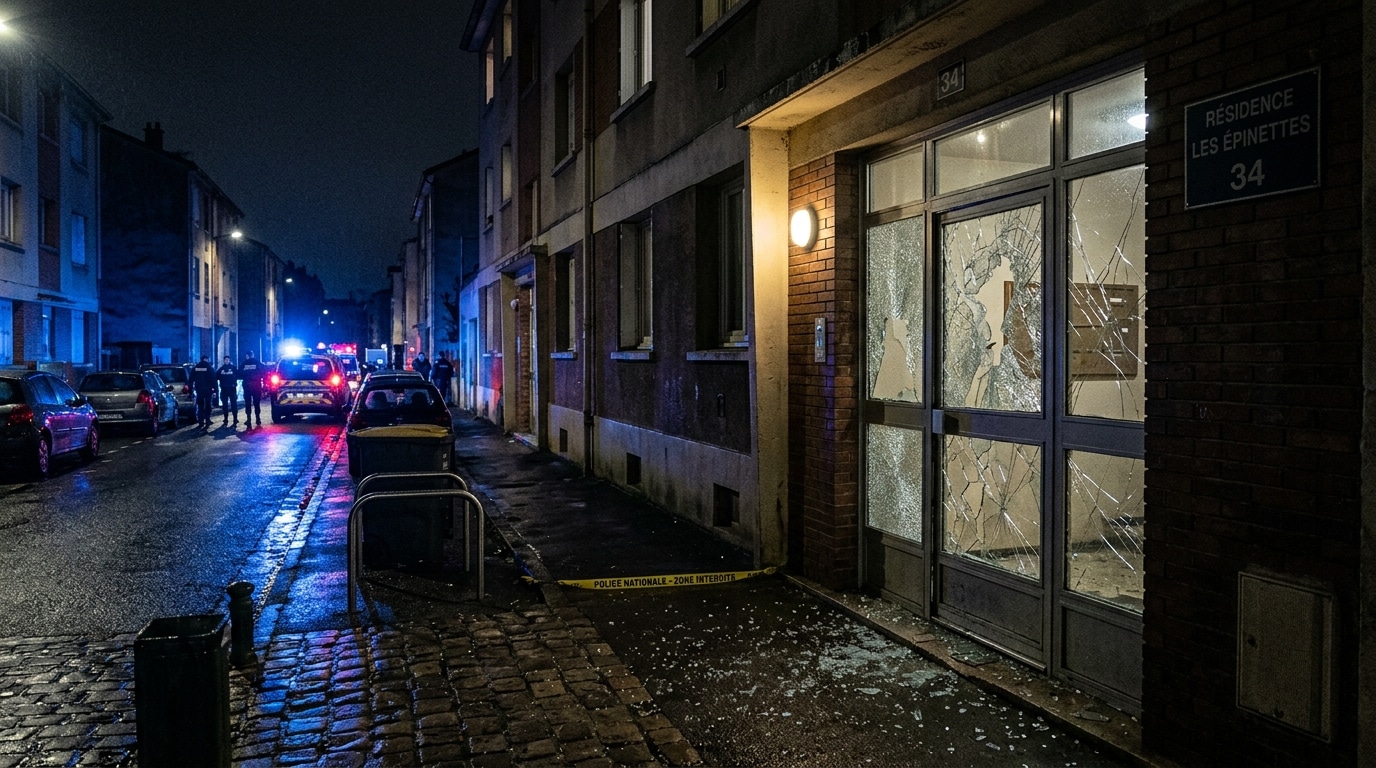 Hall d'immeuble avec vitre brisée la nuit à Orvault