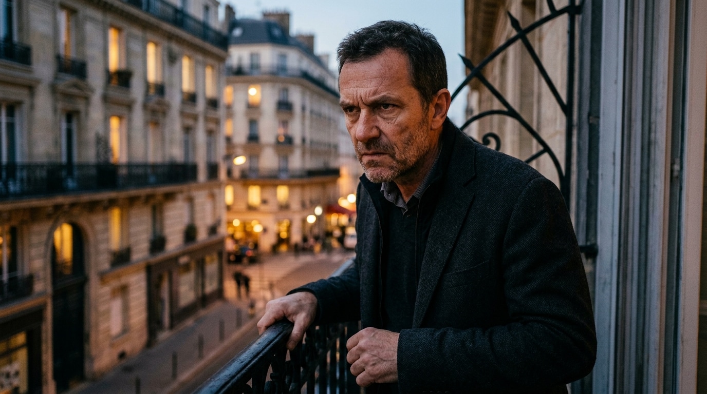 Homme sur un balcon la nuit, tension palpable
