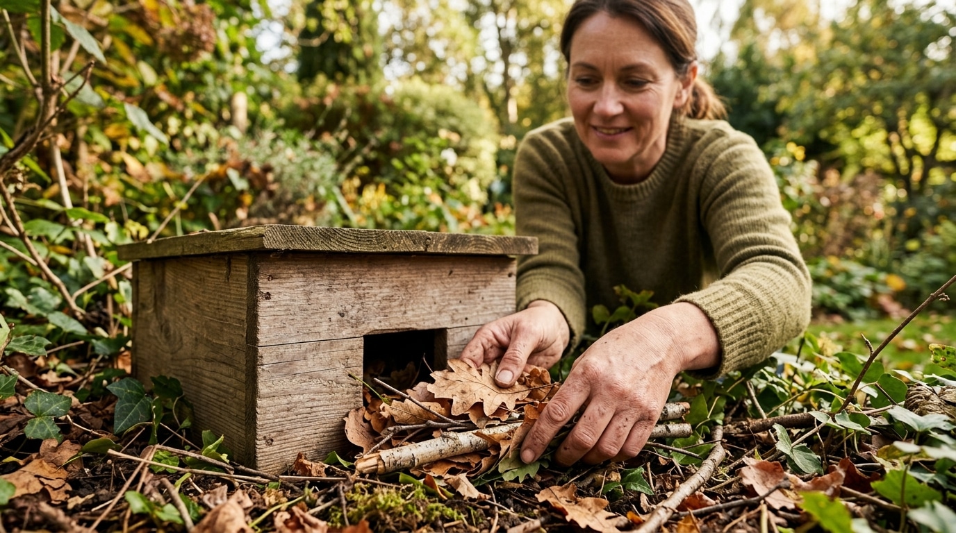 Mains disposant des feuilles près d'un abri en bois
