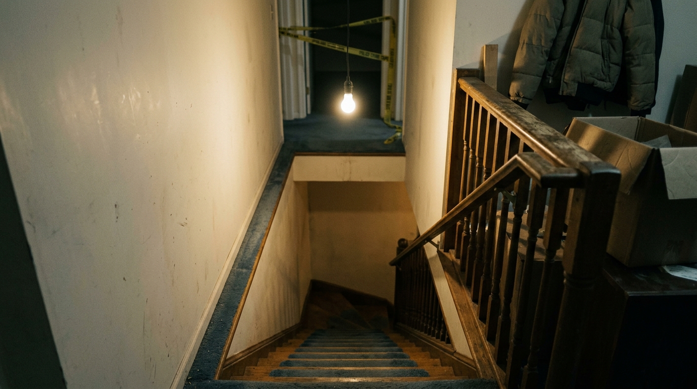 Escalier de sous-sol vide dans une atmosphère sombre