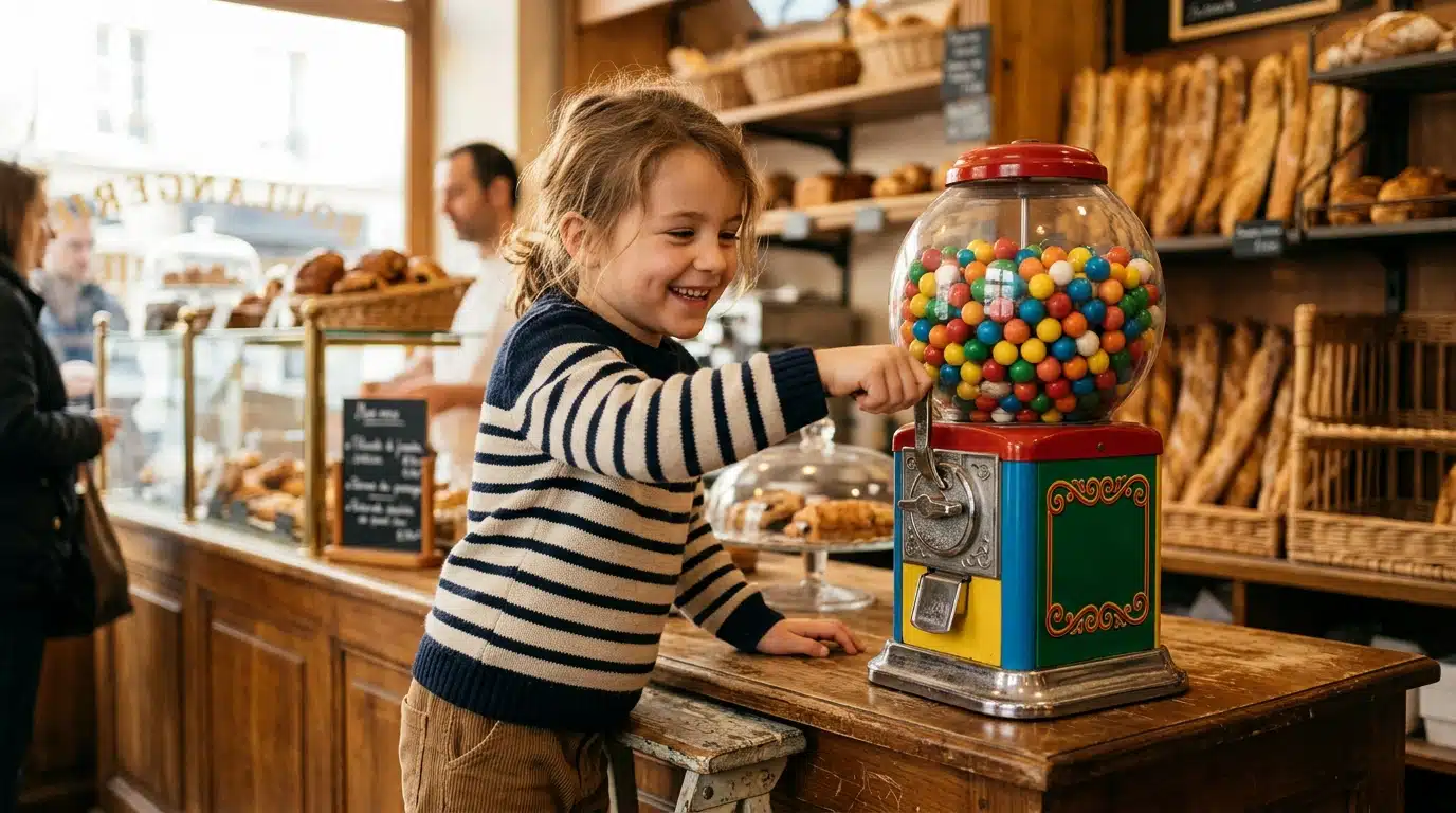 Enfant actionnant un distributeur de chewing-gums en boulangerie