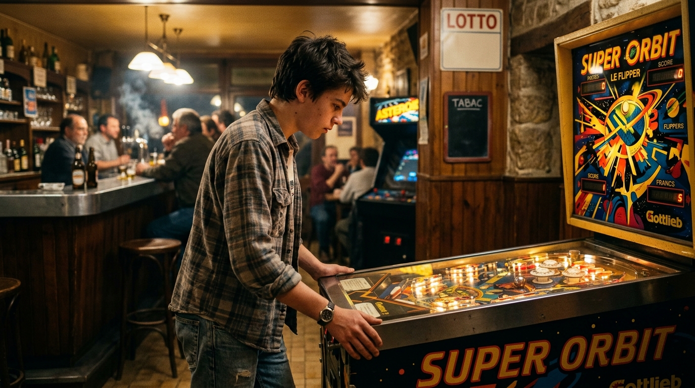 Adolescent joue au flipper dans un café des années 80