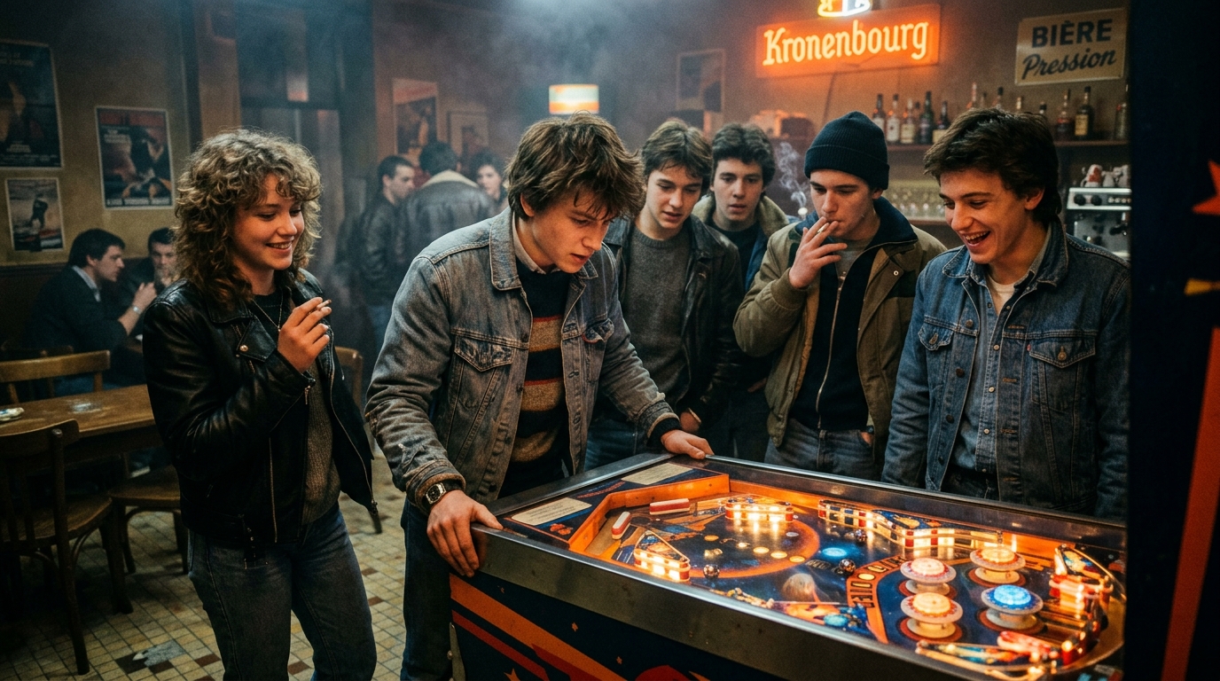 Groupe de jeunes autour d'un flipper dans un bar rétro