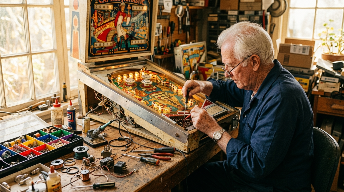 Collectionneur restaure un flipper vintage dans un atelier