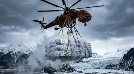 Bloc de glace isolé chargé sous un hélicoptère en Alaska