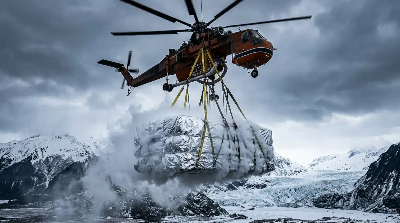 Bloc de glace isolé chargé sous un hélicoptère en Alaska