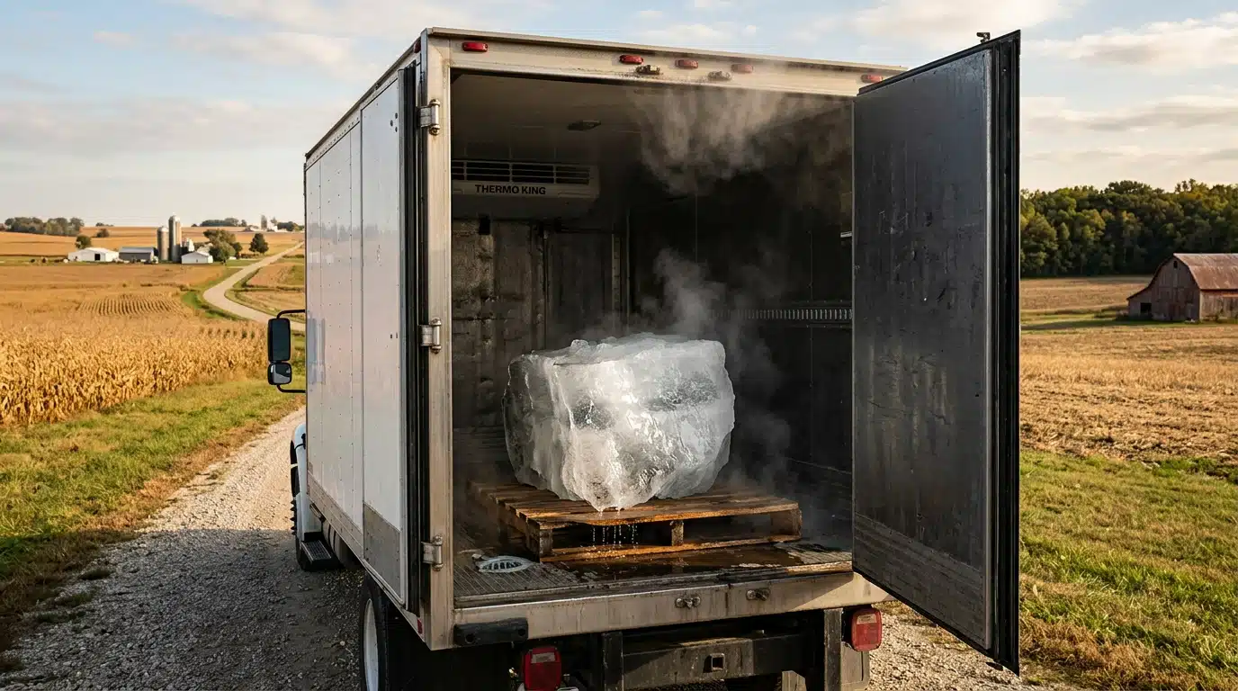 Camion frigorifique transportant un bloc de glace en Iowa
