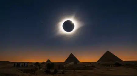 Éclipse solaire totale avec couronne lumineuse dans ciel sombre