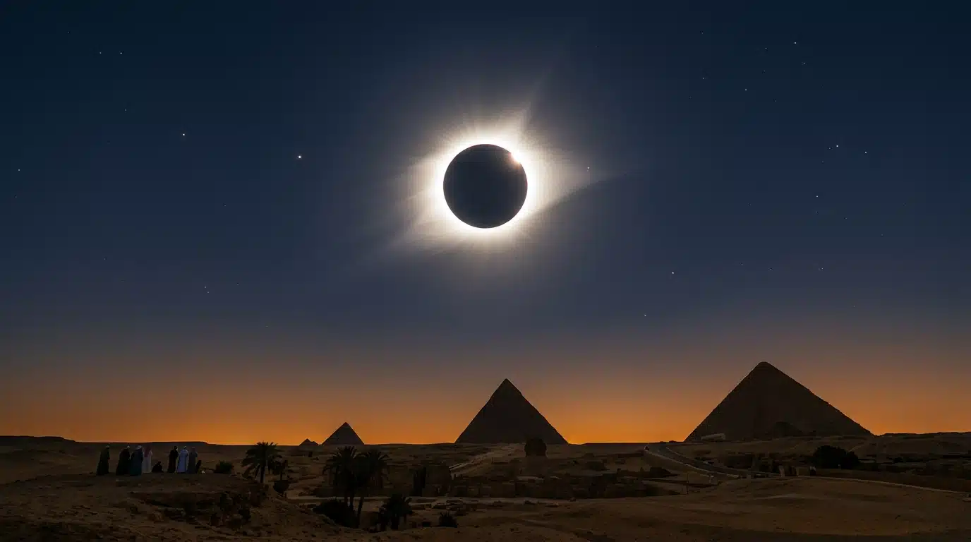 Éclipse solaire totale avec couronne lumineuse dans ciel sombre