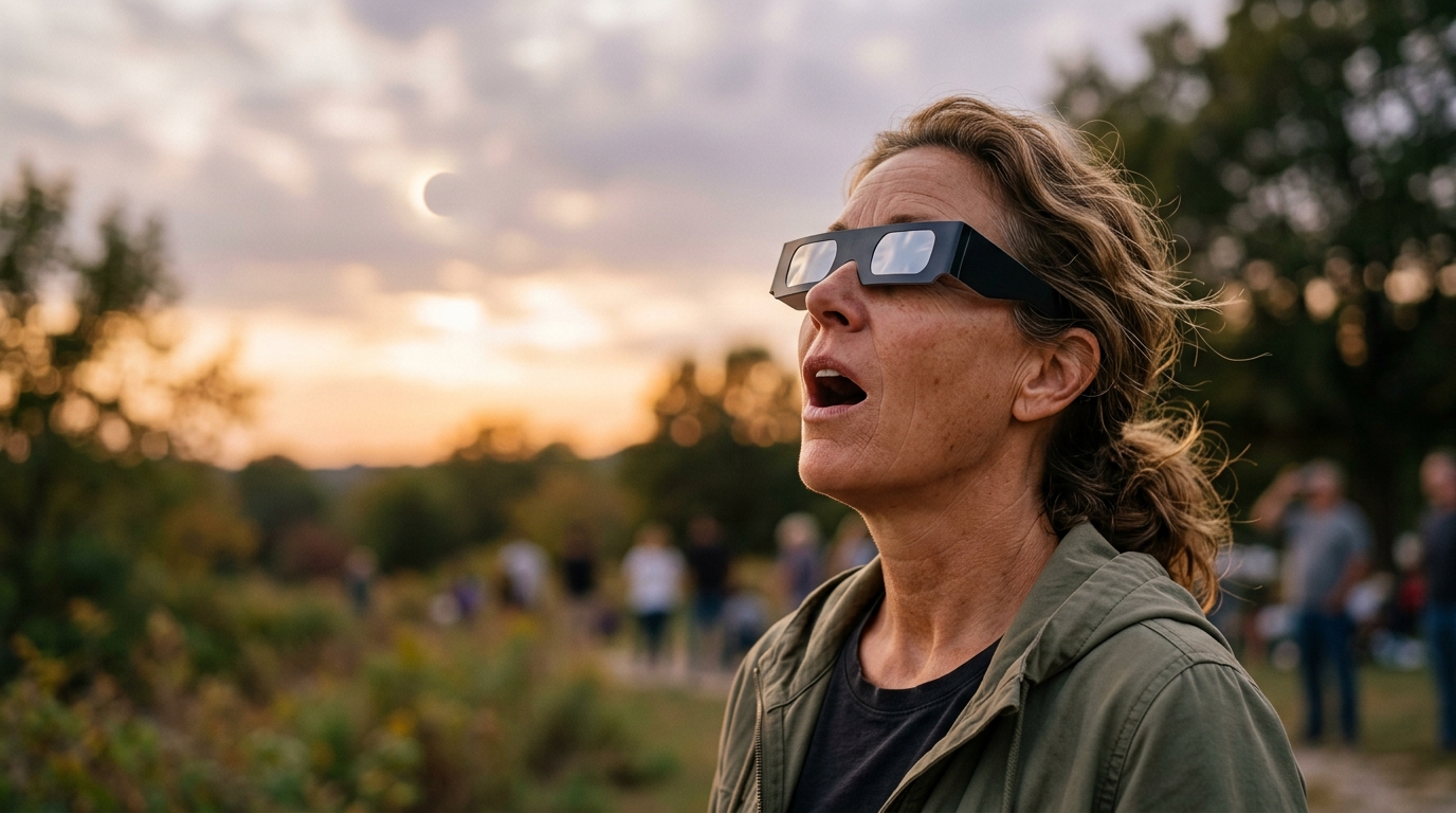 Personne portant des lunettes spéciales observe le ciel émerveillée