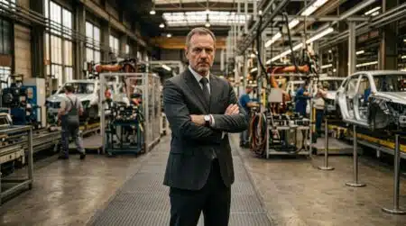 Cadre allemand pensif dans une usine automobile