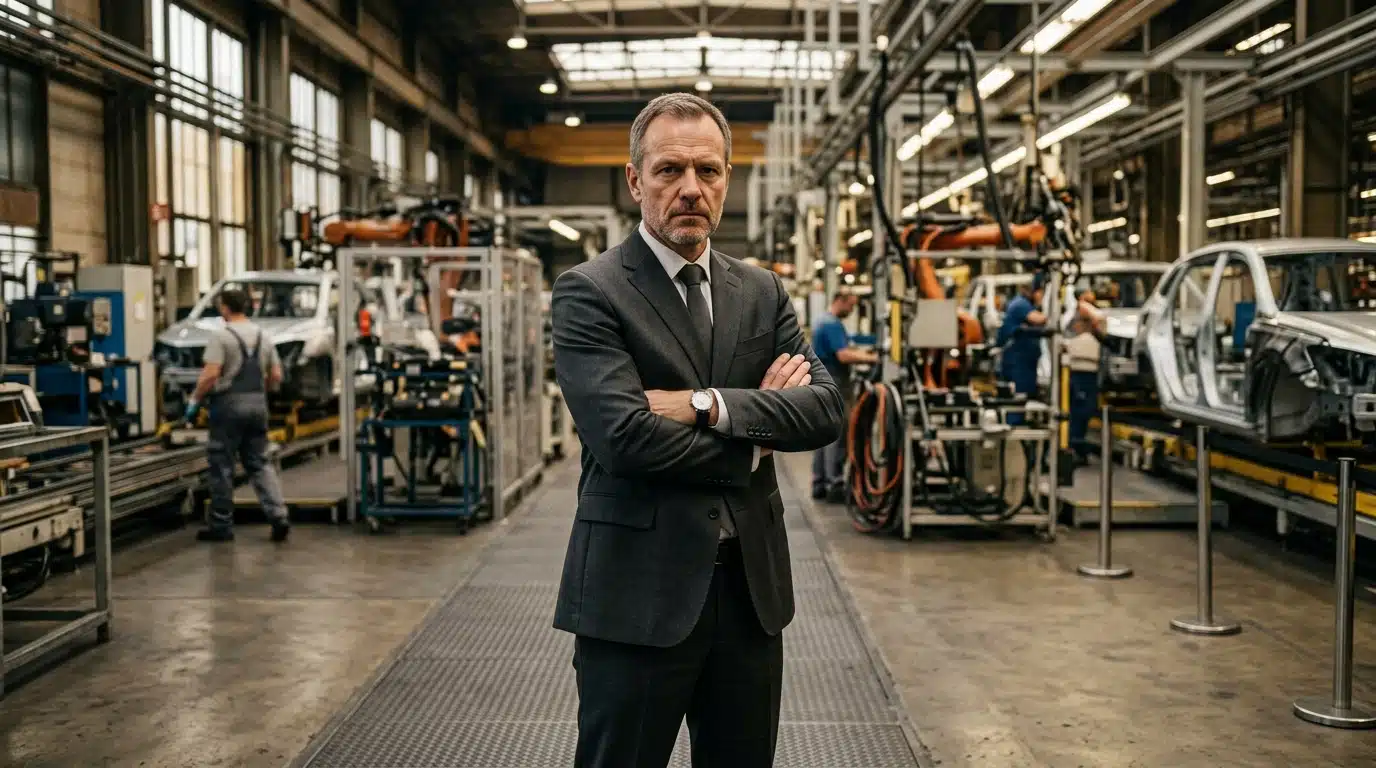 Cadre allemand pensif dans une usine automobile