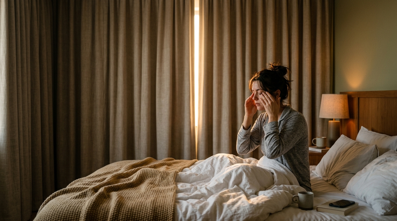 Rayon de lumière filtrant entre les rideaux d'une chambre d'hôtel