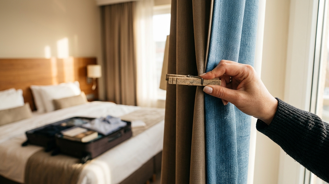 Main pinçant des rideaux d'hôtel avec une pince à linge
