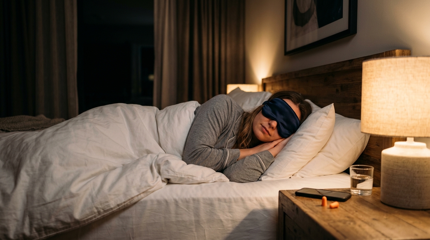 Voyageuse endormie avec un masque de nuit en soie