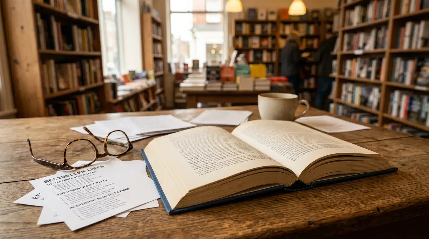 Roman ouvert sur une table de librairie