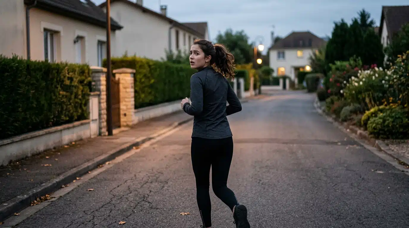 Joggeuse de dos sur une rue résidentielle au crépuscule