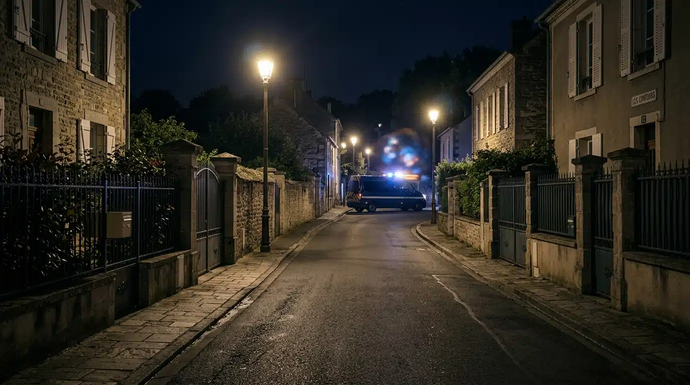 Rue calme la nuit avec véhicule de gendarmerie au loin