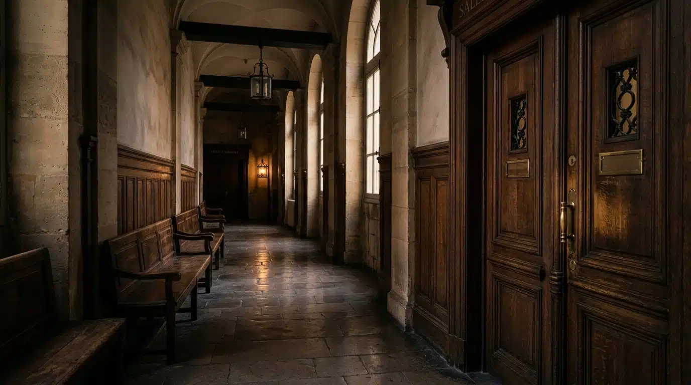 Couloir sombre d'un palais de justice parisien