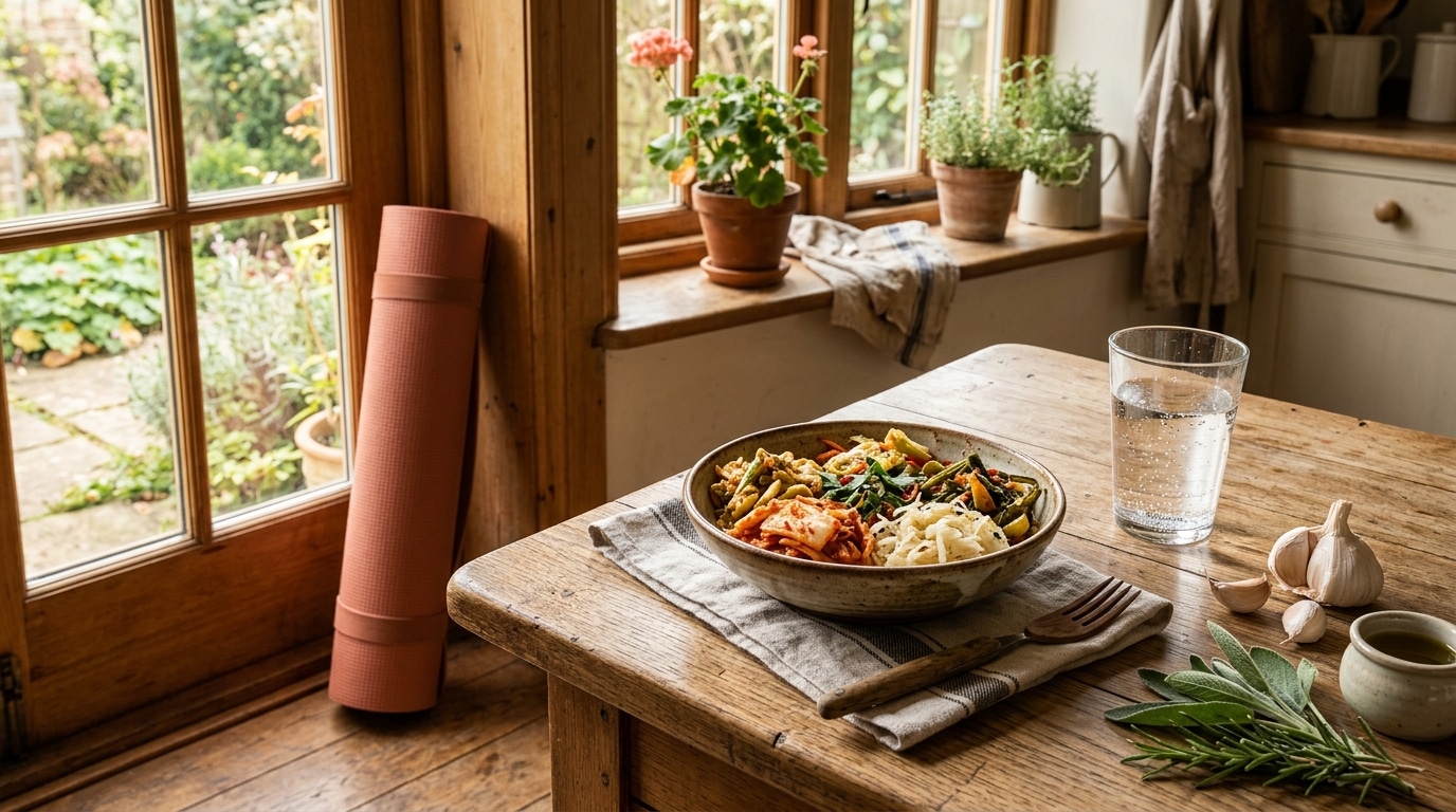 Aliments probiotiques et tapis de yoga sur une table