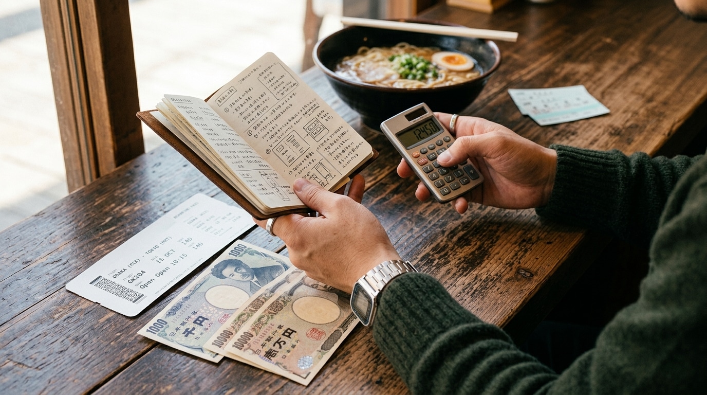 Carnet de budget et yens japonais posés sur une table