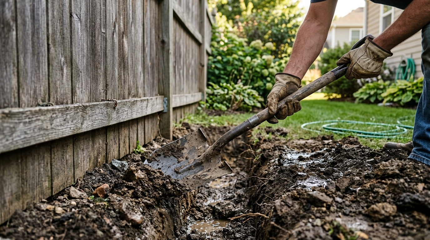 Tranchée d'infiltration creusée près d'une clôture de jardin