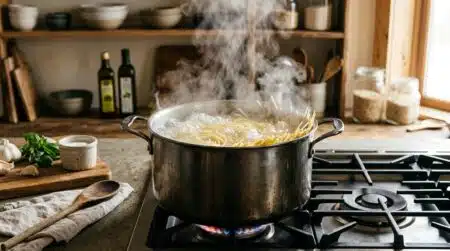 Casserole d'eau bouillante avec pâtes en cuisson