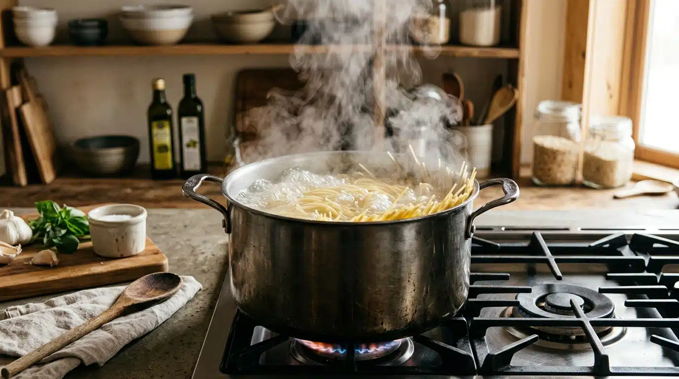 Casserole d'eau bouillante avec pâtes en cuisson