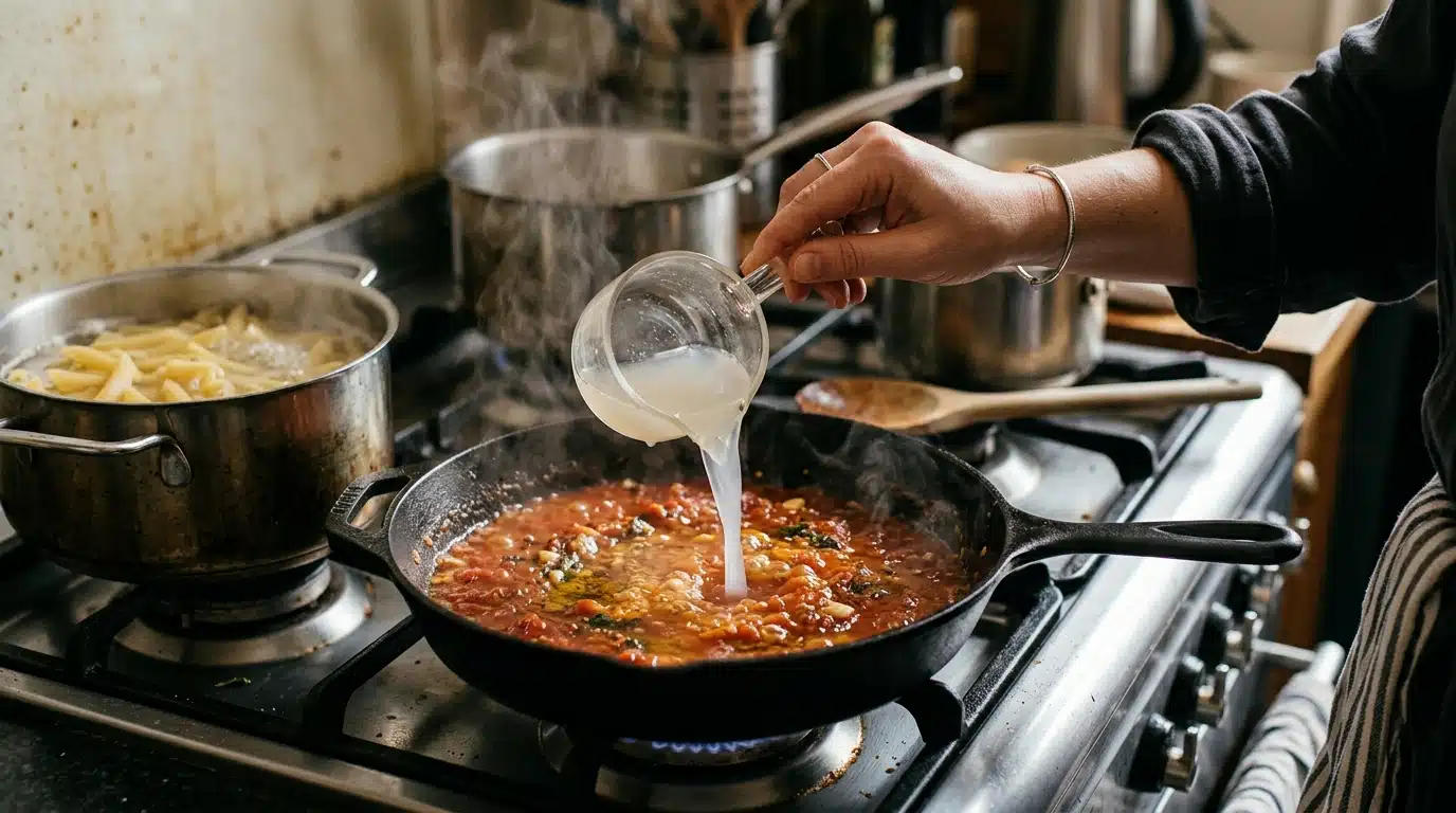 Verre d'eau de cuisson versé dans une poêle de sauce