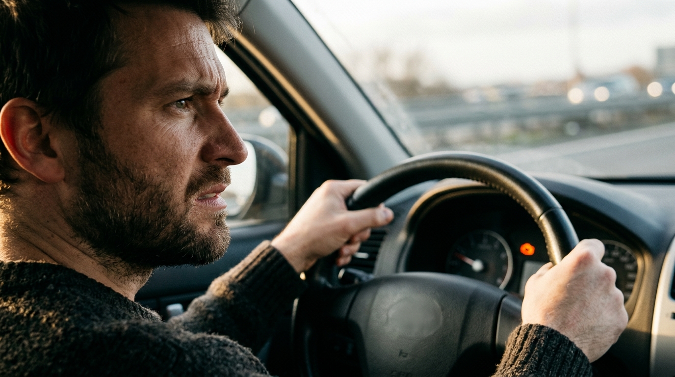 Mains crispées sur un volant de voiture la nuit